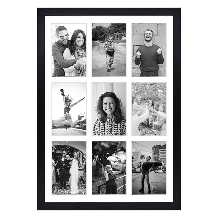 Golden State Art,13.6x19.7 Black Wood Collage Frame For 9-4X6 photos with  White Mat and Real Glass