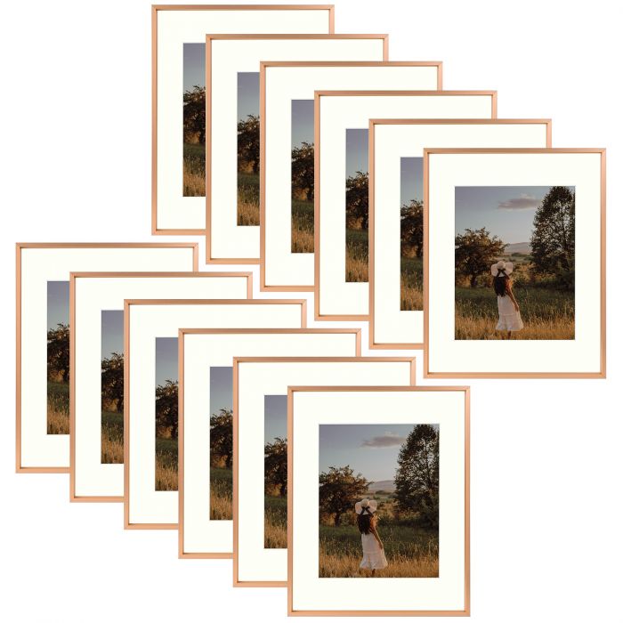 Golden State Art,Set of 12, 11x14 Rose Gold Aluminum Frames For 8x10  Picture with Ivory Mat and Real Glass