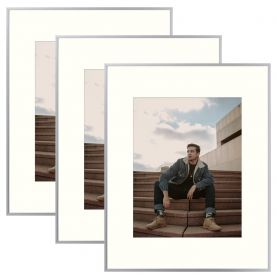 Set of 3, 16x20 Silver Aluminum Frame For 11x14 Picture with Ivory Mat and Real Glass