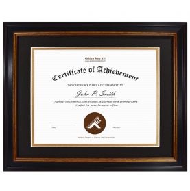 11x14 Black Polystyrene 1 1/2" Diploma Frame for 8.5x11 Picture and Tricom Black/ Old Gold Mat