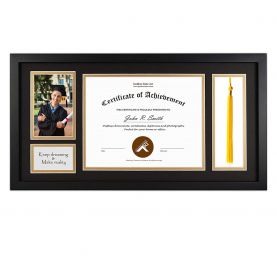 11x22 Black Polystyrene 3/8" Diploma Frame for 8.5x11, 4x6, 2x3.5, 8x2.5 Pictures and Tricom Black/Old Gold Mat