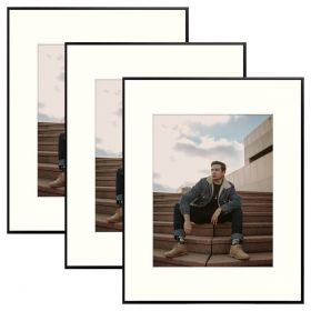 Set of 3, 16x20 Black Aluminum Frame For 11x14 Picture with Ivory Mat and Real Glass