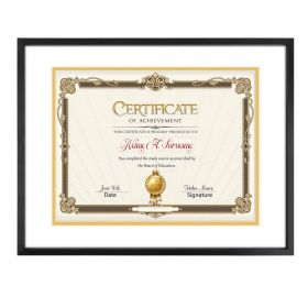 11x14 Black Diploma Frame Aluminum Frame For 8.5x11 Document & Certificates with White/Gold Double Mat and Real Glass