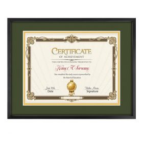 11x14 Black Diploma Frame Aluminum Frame For 8.5x11 Document & Certificates with Green/Gold Double Mat and Real Glass