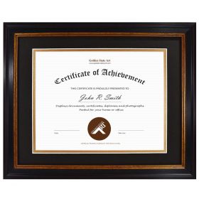 11x14 Black Polystyrene 1 1/2" Diploma Frame for 8.5x11 Picture and Tricom Black/ Old Gold Mat