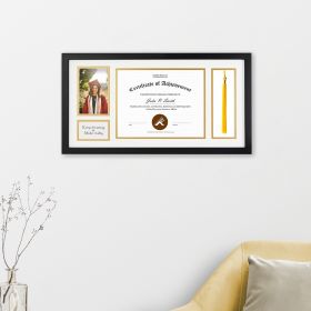 11x22 Black Polystyrene 7/8" Diploma Frame for 8.5x11, 4x6, 2x3.5, 8x2.5 Pictures and White/Old Gold Mat