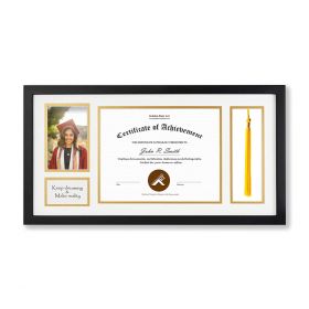 11x22 Black Polystyrene 7/8" Diploma Frame for 8.5x11, 4x6, 2x3.5, 8x2.5 Pictures and White/Old Gold Mat