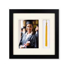 10x10 Black MDF 7/8" Diploma Shadow Box Frame for 5x7, 2x7 Picture and Ivory Mat